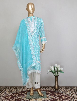 Cotton aqua precious pant suit for festive and wedding function