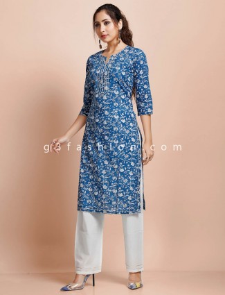 Cotton blue printed festive punjabi pant suit