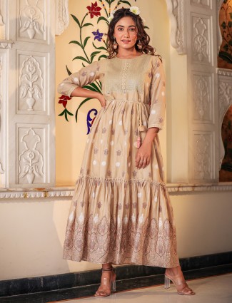 Cotton casual wear printed beige kurti