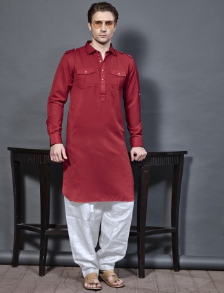 Cotton fabric maroon color pathani suit