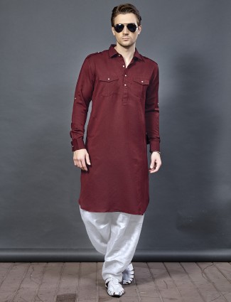 Cotton maroon color pathani suit