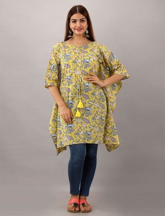Cotton printed lemon yellow kurti for casual wear