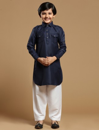 Cotton silk plain navy festive pathani suit for boys