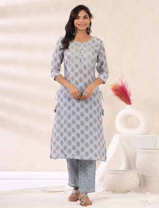 Cotton stone blue festive look printed kurti set