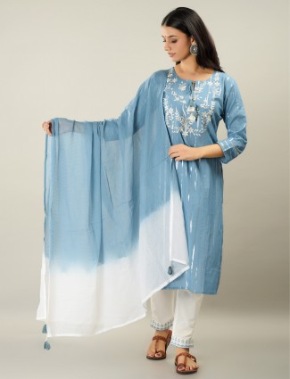 Cotton yale blue festive wear stripe punjabi style pant suit