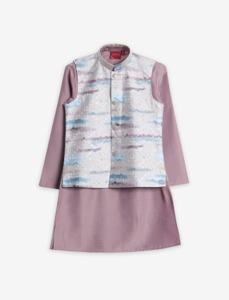 Cream and purple silk printed waistcoat set