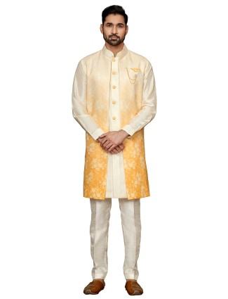 Cream and yellow wedding silk indowestern