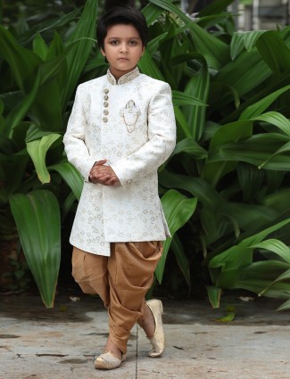 Cream color silk wedding wear boys indowestern