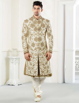 Cream groom wear raw silk fabric sherwani