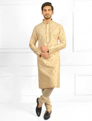 Cream kurta suit for mens with aabla work details