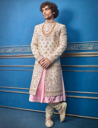 Cream pink raw silk designer double layer sherwani suit