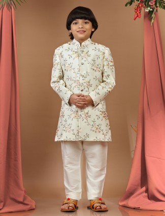 Cream raw silk embroidery indowestern