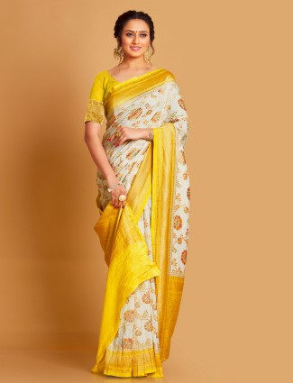 Cream silk zari weaving saree for wedding