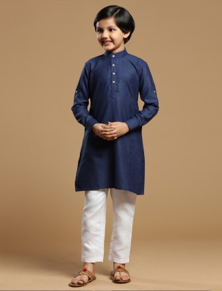 Dark blue color boys cotton solid kurta suit