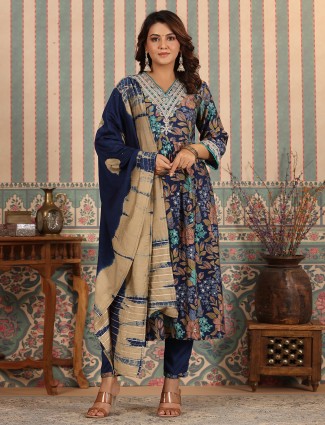Dark blue floral printed kurti set in silk
