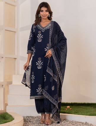 Dark blue printed cotton kurti set with dupatta