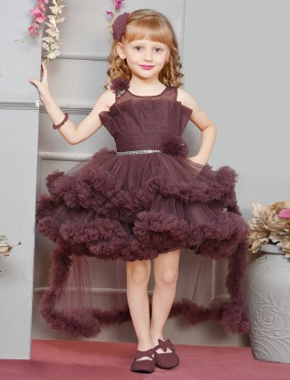 Dark brown net girls frock for party