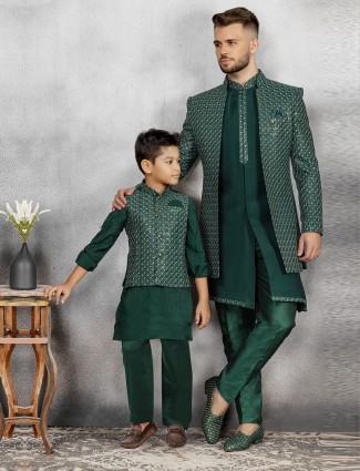 Dark green silk father and son indowestern