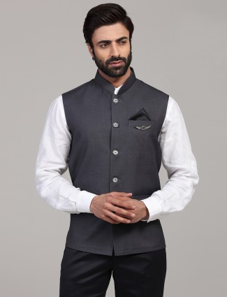 Dark grey solid cotton silk classy waistcoat