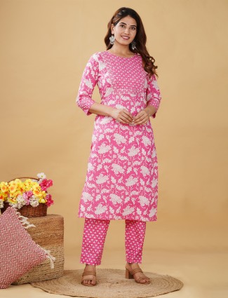 Dark pink cotton printed kurti set