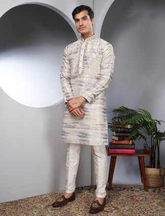 Dashing cream silk printed kurta suit