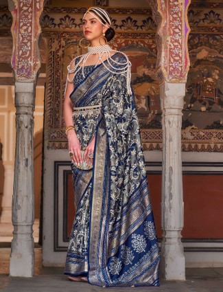 Dazzling navy silk printed saree