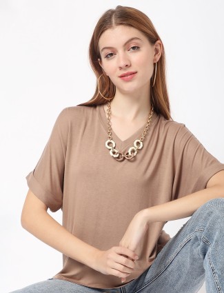 Deal beige cotton casual half sleeves t shirt