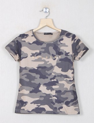 Deal printed casual knitted military green girls top