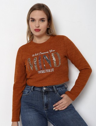 Deal rust orange printed knitted crop top