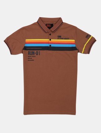 Deepee brown slim fit printed t shirt in cotton