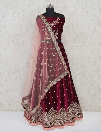 Designer bridal maroon velvet semi stitched lehenga