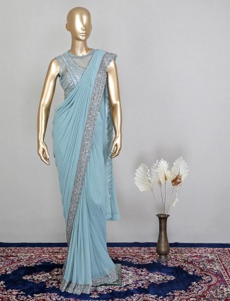 Designer ready to wear raw silk saree in aqua
