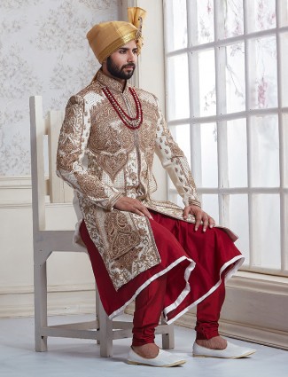 Designer red white sherwani