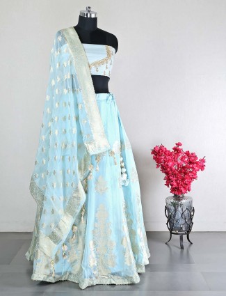Designer sky blue raw silk unstitched wedding wear lehenga choli