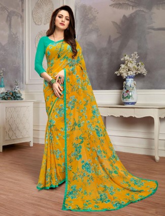 Effective yellow printed georgette saree for festive wear