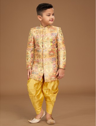 Elegant bright yellow printed silk indowestern