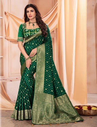 Elegant dark green dola silk saree