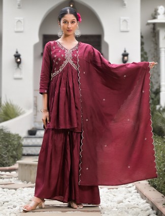 Elegant maroon silk sharara set