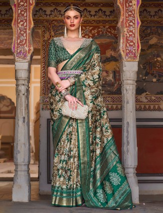Elegant printed dark green saree