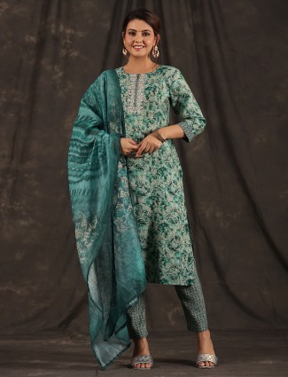 Elegant rama green printed cotton kurti set