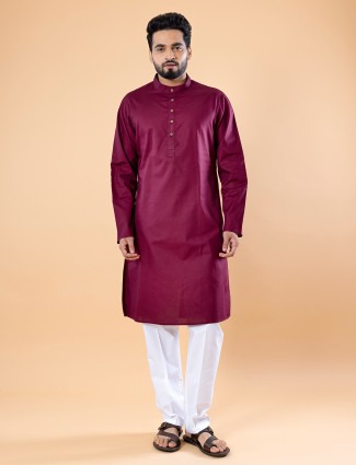Elegant wine cotton plain kurta suit