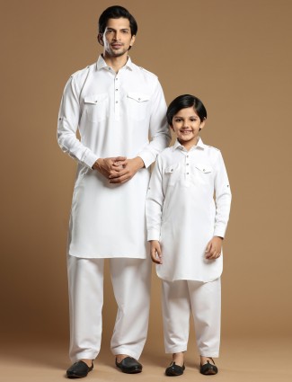 Extraordinary white plain cotton silk matching father son pathani suit 