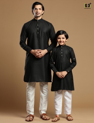 Father and son concept festive black cotton kurta suit