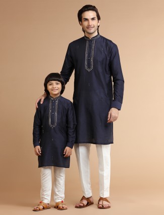 Father and son concept navy silk kurta suit