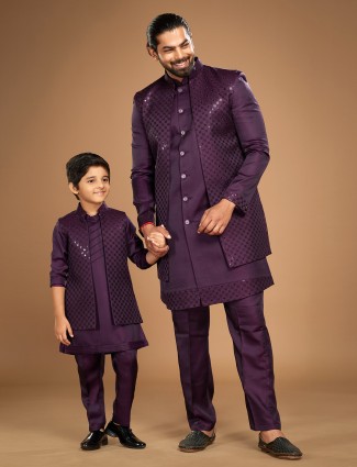 Father and son dark purple silk indowestern