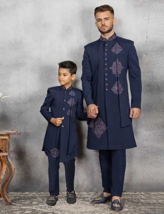 Father and son navy terry rayon indowestern