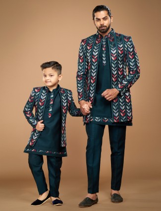 Father and son teal blue silk indowestern