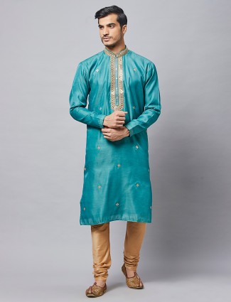 Festive event teal blue silk kurta set for mens