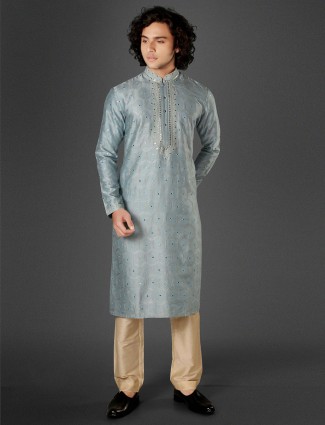 Festive look stone blue cotton silk kurta suit