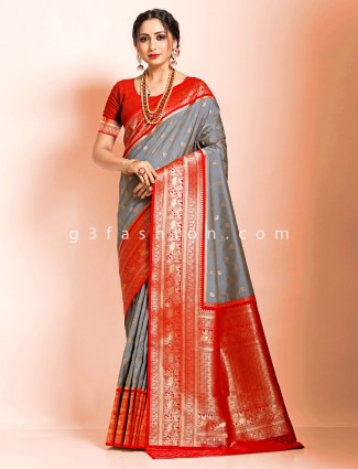 Festive wear grey heavy golden zari woven saree in art banarasi silk